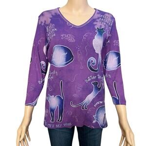 Cactus Bay Cat Print Tshirt Large Rhinestone Wine Themed Purple Multi Novelty